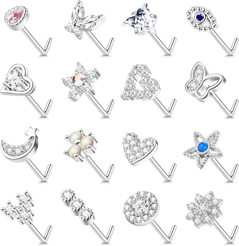 Yadoca Gold Nose Rings Studs for Women - 20G Surgical Steel Nose Ring L Shaped Nose Piercing Jewelry Hypoallergenic CZ Heart Nose Studs Silver Rose Gold 16Pcs - Image 1